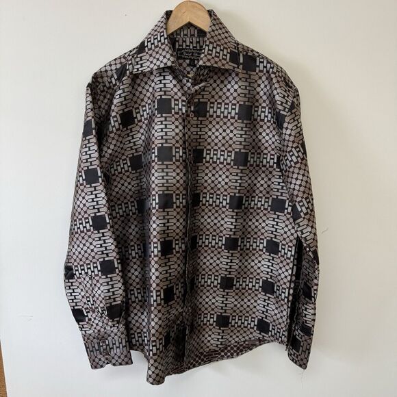 Daniel Ellissa Brown Brush Sliver Polyester Shirt size L 16.5 Vintage - Picture 2 of 9